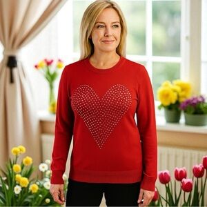NEW Vila Milano Cherry Red Crystal Heart Embossed Cozy Long Sleeve Size S